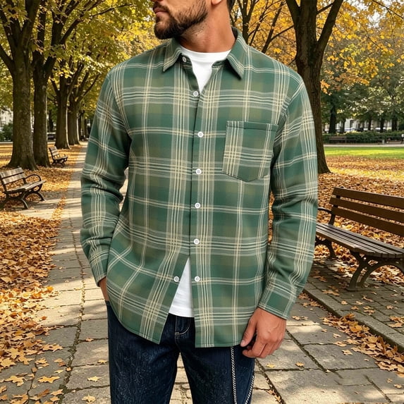 Yusimy Mens Flannel Shirts Long Sleeve Plaid Button Down Lapel Shirts Soft Breathable Casual Versatile Fall Winter Wear