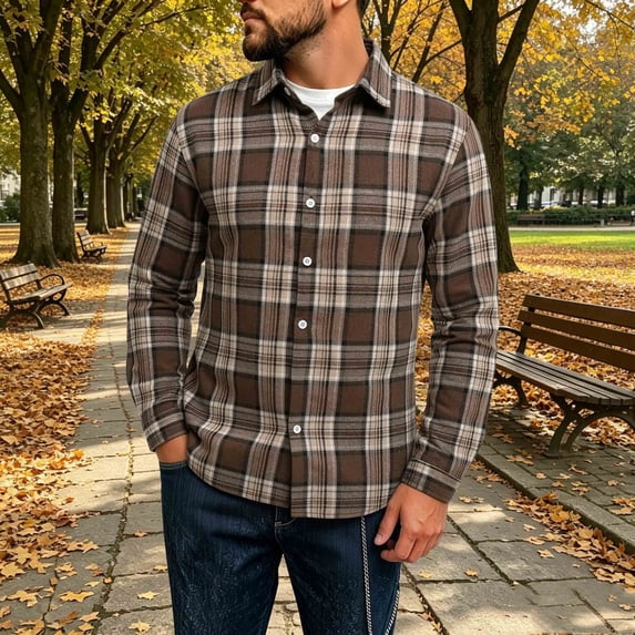 Yusimy Mens Flannel Shirts Long Sleeve Plaid Button Down Lapel Shirts Soft Breathable Casual Versatile Fall Winter Wear