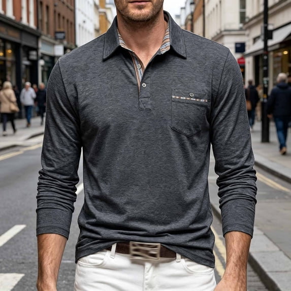 Yusimy Mens Solid Color Long Sleeve Shirts Casual Classic Button Collar Golf Shirt with Pocket Breathable Fall Clothing