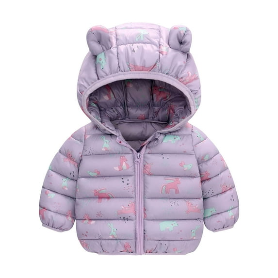 Clearance! ZCFZJW Winter Toddler Kids Baby Boys Girls Coat Cute Cartoon Dinosaur Pattern Windproof Light Padded Puffer Jacket Hooded Outwear(Purple,18-24 Months)