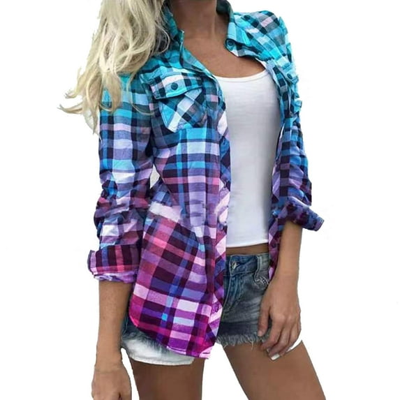 Clearance ZVAVZ Button Down Shirts for Women Shirt casual Roll Up Sleeve Plaid Long Sleeve Lightweight Collared Shacket Jacket with Pocket Blue,L