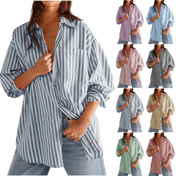 ZVAVZ Women's Oversized Button Down Shirt Dressy Striped Long Sleeve Collared Office Work Top Shirt Trendy Loose Fit Boyfriend Shirts with Pocket Black,L