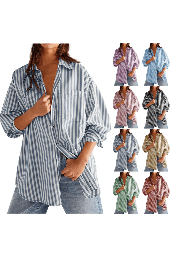 Women's Oversized Button Down Shirt Dressy Striped Long Sleeve Collared Office Work Top Shirt Trendy Loose Fit Boyfriend Shirts with Pocket Black,L