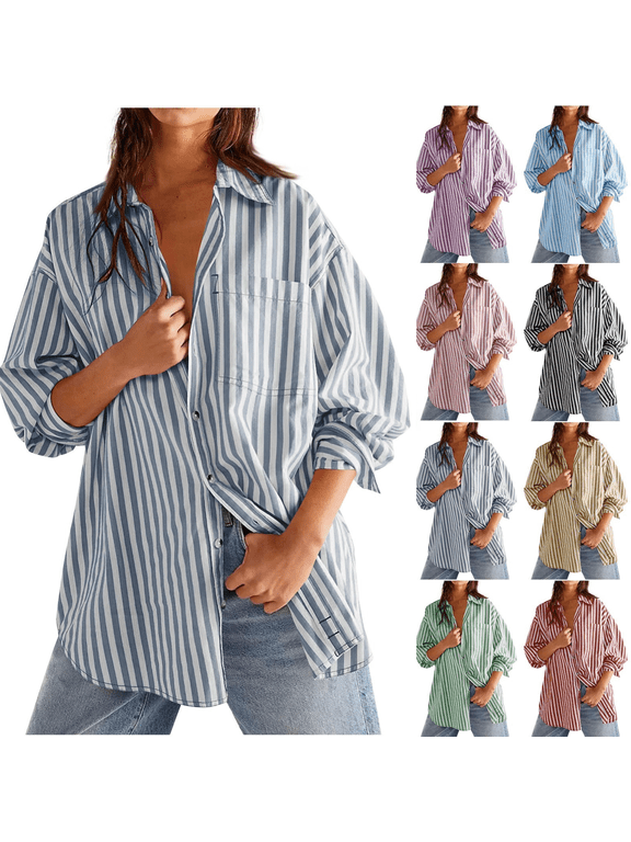Women's Oversized Button Down Shirt Dressy Striped Long Sleeve Collared Office Work Top Shirt Trendy Loose Fit Boyfriend Shirts with Pocket Yellow,2XL