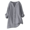 thumbnail image 1 of Clearance ZVAVZ Women's Plus Size Button Down Linen Shirts Tunic long Sleeve V Neck Loose Rolled Sleeve Dressy Gauze Blouses Summer Beach Clothes Gray,2XL, 1 of 5