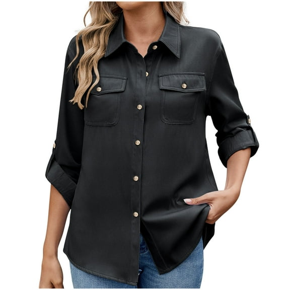 Clearance ZVAVZ Womens Button Down Dress Shirts Blouse uv Sun Protection Safari Long Sleeve Collared Cargo Shirt Outdoor Cool Quick Dry Fishing Shirts Black,S