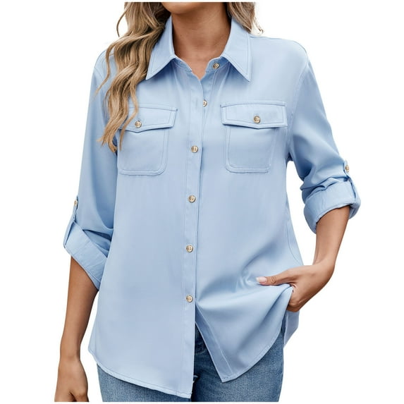 Clearance ZVAVZ Womens Button Down Dress Shirts Blouse uv Sun Protection Safari Long Sleeve Collared Cargo Shirt Outdoor Cool Quick Dry Fishing Shirts Light Blue,S