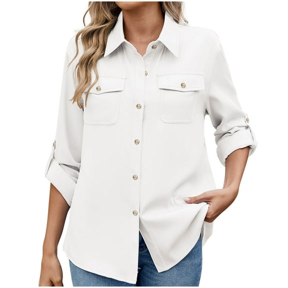 Clearance ZVAVZ Womens Button Down Dress Shirts Blouse uv Sun Protection Safari Long Sleeve Collared Cargo Shirt Outdoor Cool Quick Dry Fishing Shirts White,L