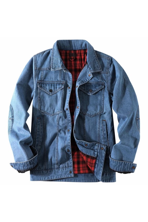 Clearance! ZVNAΖH Men's Snap Jean Jacket Western Cowboy Plaid Flannel Lined Work Denim Trucker Jackets