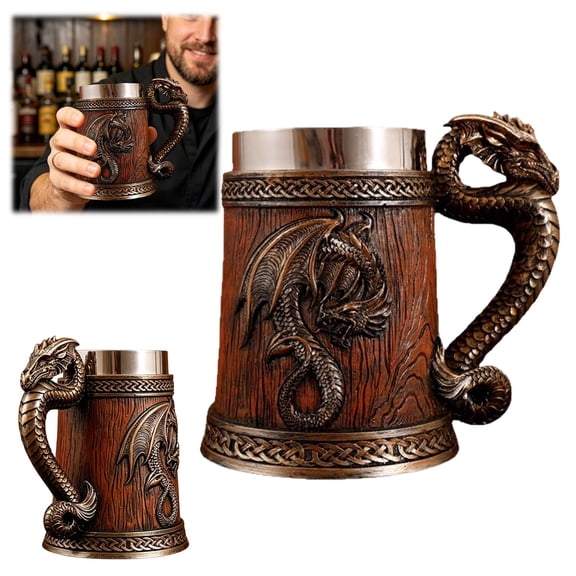 Clearance! Zguuel 3D Dragon Stainless Steel Mug, Fantasy Tankard with Dragon Head Design, 17oz Novelty Coffee Beer Cup for Fans Collectors Gift