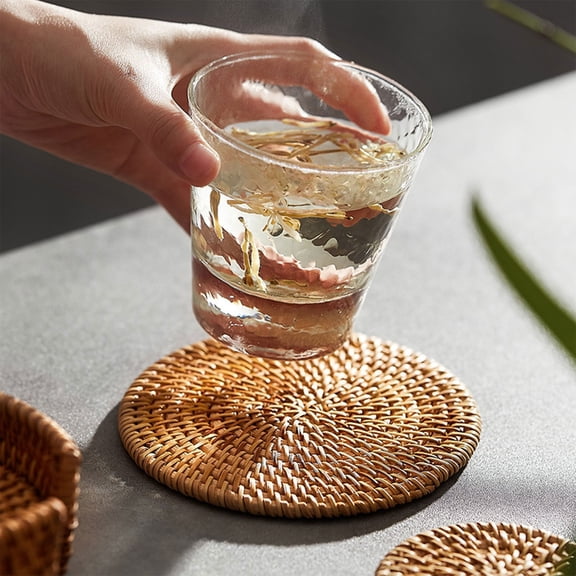 Clearance! Zguuel Handmade Woven Rattan Coaster 8cm, Natural Fiber Drink Coaster, Round Wicker Cup Mat, Heat Resistant Table Protector, Boho Farmhouse Kitchen Coaster