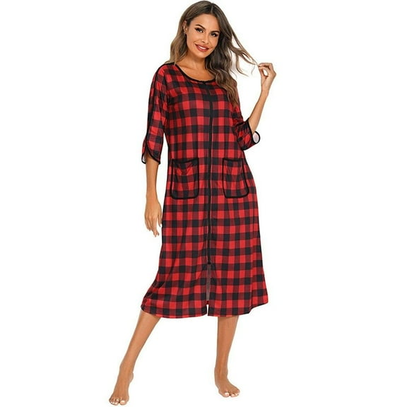 Clearance! Zipper Front Robes Women House Coat Half Sleeve Loungewear Long Nightgown with Pockets, Red, S