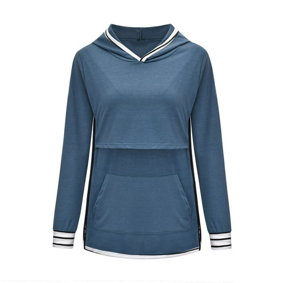 Clearance asdoklhq Maternity Clothes for Women,Solid Color Stripe Print Cotton Hoodie Long Sleeve Zipper Maternity Breastfeeding Clothe Top