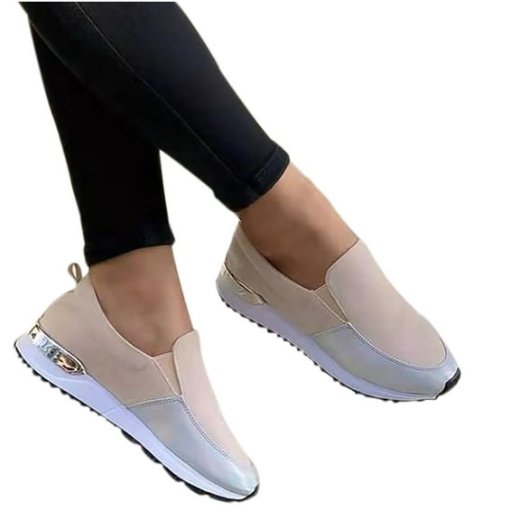 Clearance asdoklhq Sneakers for Women Fashion Women Single Shoe Round Toe Flat Color Block Loafers Beige 37