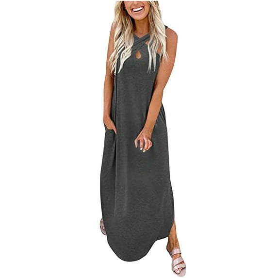 Clearance asdoklhq Womens Maxi Dress Under $10,Women's Casual Loose Summer Long Dress Sleeveless Split Beach Maxi Dresses with Pockets
