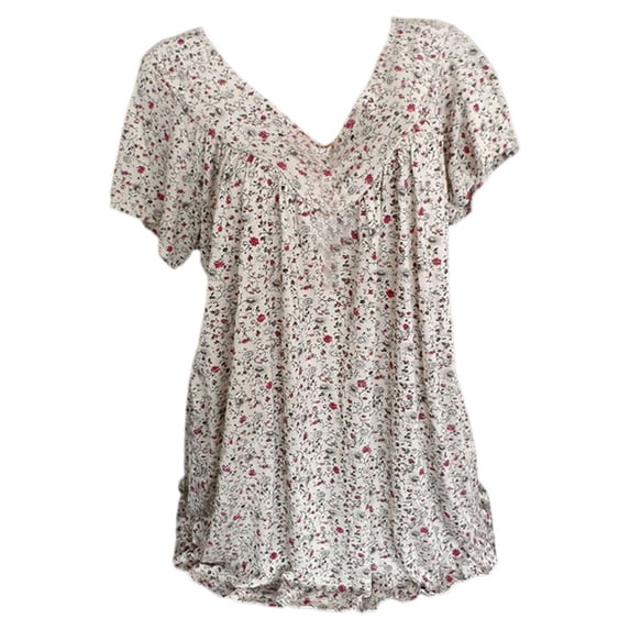 Clearance asdoklhq Womens Plus Size Tops Clearance,Women Plus Size Short Sleeves V-Neck Print Blouse Pullover Tops Shirt