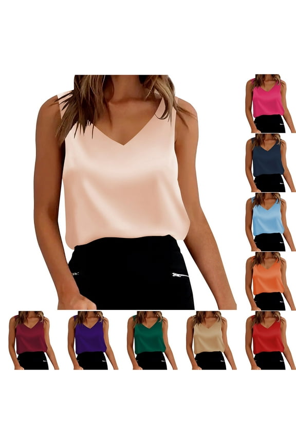 Women's Silk Satin Tank Tops V Neck Camisole Casual Cami Sleeveless Shirt Blouses Silky Basic Tanks