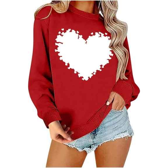 ibuvkizy Cute Heart Sweatshirt for Women Valentines Day Round Neck Cute Love Heart Printed Sweatshirt Long Sleeved Top Sweatshirt Red,M