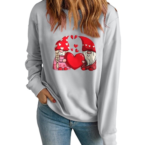 ibuvkizy Sweatshirt for Women Valentine's Day Round Neck Lover's Love Print Sweatshirt Long Sleeved Pullover Top/shirt Gray,XS