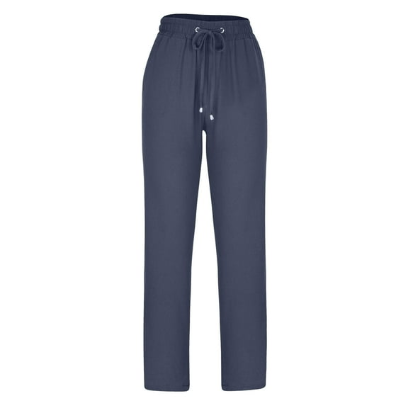 ibuvkizy Wide Leg Pants Women Solid Straight Solid Elastic Pants Long Drawstring Linen Women Waist Bell Bottoms Womens Trousers Slacks for Women Navy,L