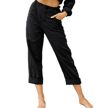 Clearance ibuvkizy Women's High Waist Capri Pants with Side Pockets Comfy Lightweight Capris Straight Wide Leg Lounge Trousers Classic Plain Color Pants Black,L