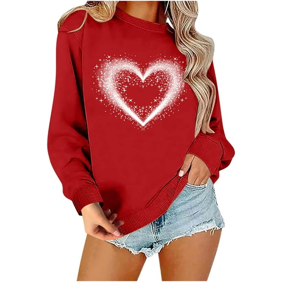 ibuvkizy Womens Sweatshirt Valentine's Day Round Neck Cute Love Heart Printed Sweatshirt Long Sleeved Top Sweatshirt Red,XS