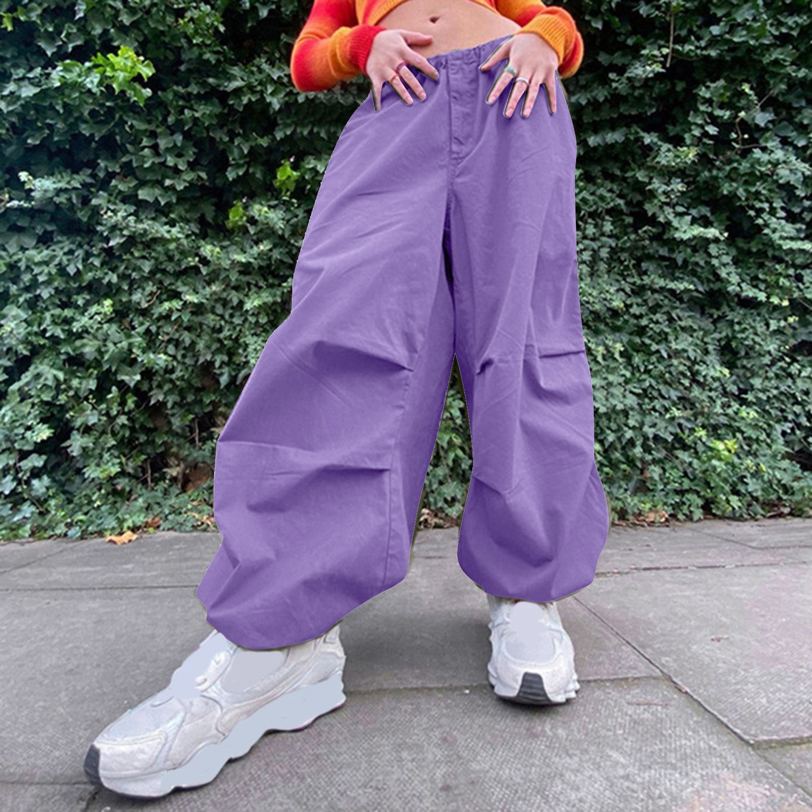 Clearance in Black and Friday Hanas Women Loose Cargo Pants Hip Hop Sports  Pants Drawstring Loose Wide Leg Casual Pants (Purple, M)