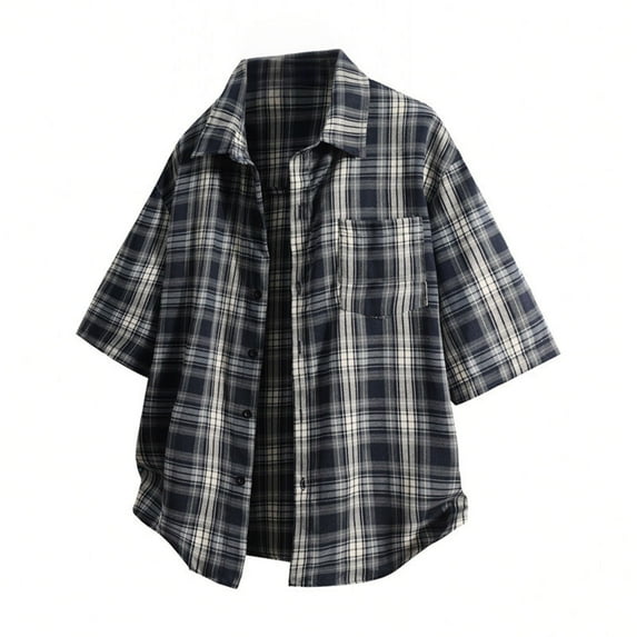 FRSASU Button Down Shirt Men's Summer Casual Short Sleeve Vintage Plaid Beach Shirt Blouse Navy L