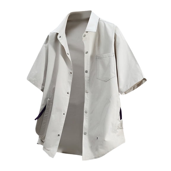 FRSASU Button Down Shirt Men's Summer Casual Solid Color Loose Short Sleeve Turndown Collar Blouse Gray XXL