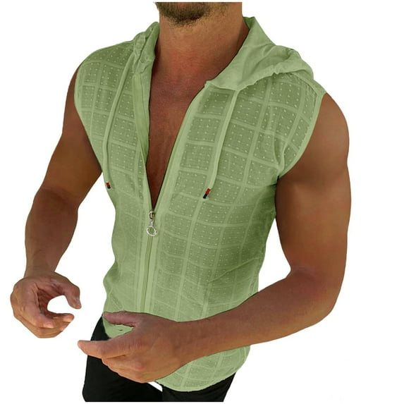 items!FRSASU Hooded Vest Men Casual Fashion Sleeveless Hooded Solid Pullover Zipper Sports Tank Green XXL