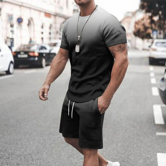 LADIGASU Men Casual Round Neck Printing Short Sleeve Blouse And Shorts Pants Suit