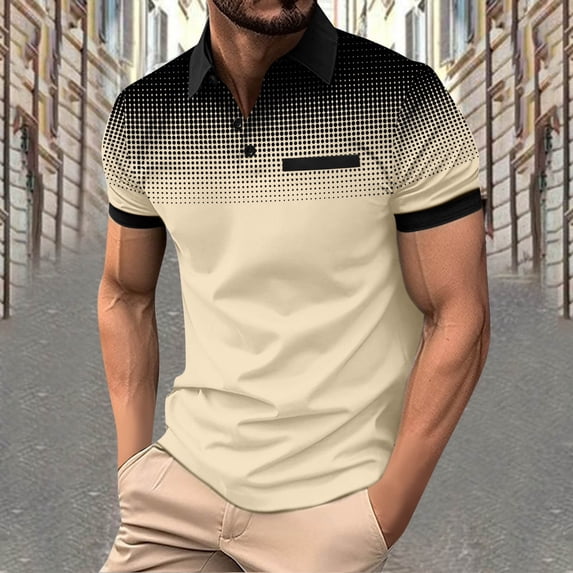 LADIGASU Men's Polka Gradient Lapel Button Sport Short-Sleeved Lapel Top Shirt