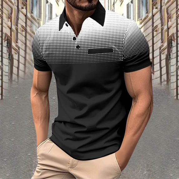 LADIGASU Men's Polka Gradient Lapel Button Sport Short-Sleeved Lapel Top Shirt
