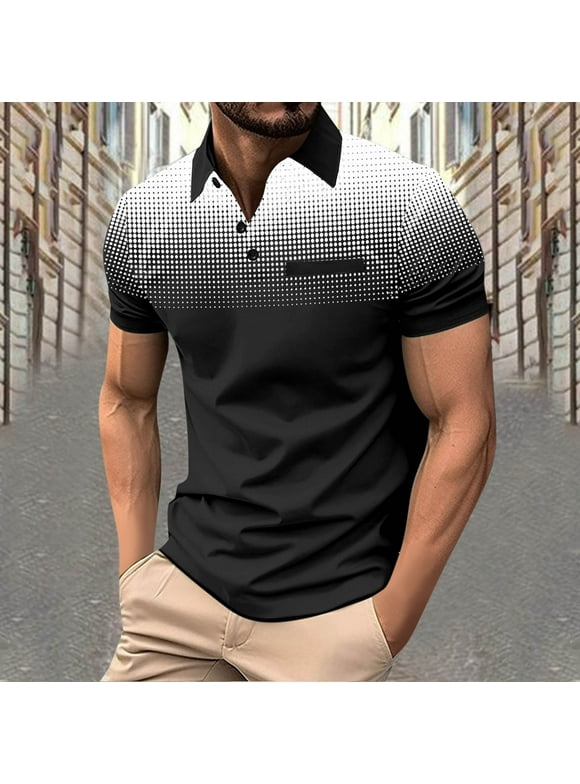 Men's Polka Gradient Lapel Button Sport Short-Sleeved Lapel Top Shirt