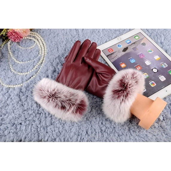 Clearance! labakihah gloves women lady black leather gloves autumn winter warm rabbit mittens red
