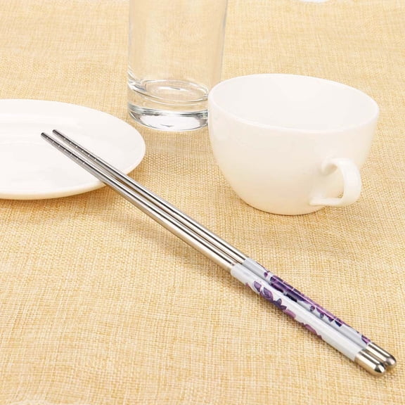 Clearance! lulshou 1Pair Length White Flower Pattern Stainless Steel Chopsticks Pair New