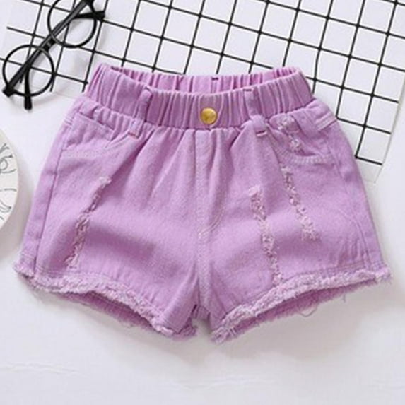 Clearance! lulshou Girls Shorts 1-15 Years Middle Aged Children's Fashionable Versatile Solid Color Button Pocket Ripped Denim Shorts Purple