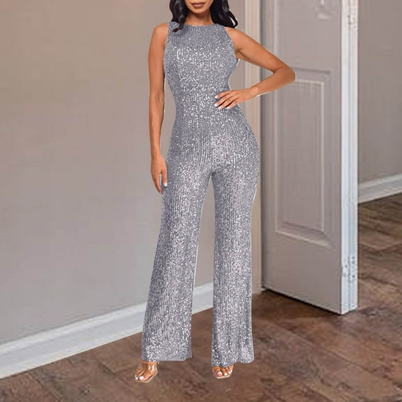 Clearance!lulshou Jumpsuit Pants for Women Women'S Solid Color High-Waisted Sleeveless Round Neck Off-The-Shoulder Sequin Slim Long Sequin Romper