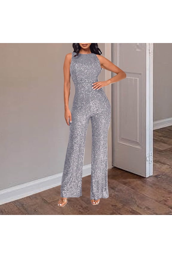 Clearance!lulshou Jumpsuit Pants for Women Women'S Solid Color High-Waisted Sleeveless Round Neck Off-The-Shoulder Sequin Slim Long Sequin Romper