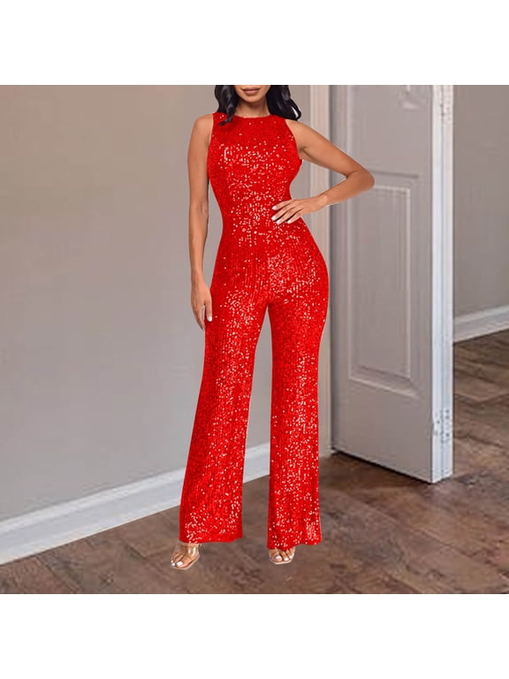Clearance!lulshou Jumpsuit Pants for Women Women'S Solid Color High-Waisted Sleeveless Round Neck Off-The-Shoulder Sequin Slim Long Sequin Romper
