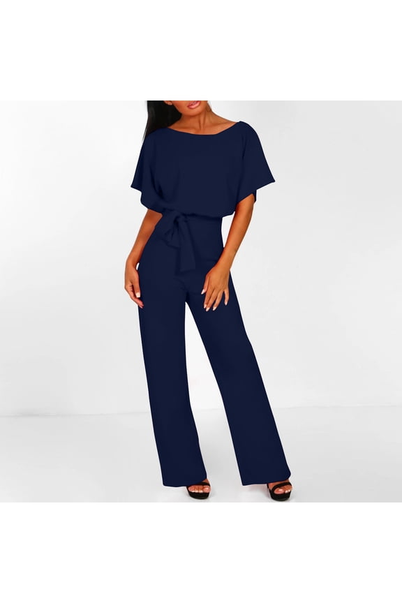 Clearance!lulshou Jumpsuit Pants for Women Women Short Sleeve Playsuit Clubwear Straight Leg Jumpsuit With Belt