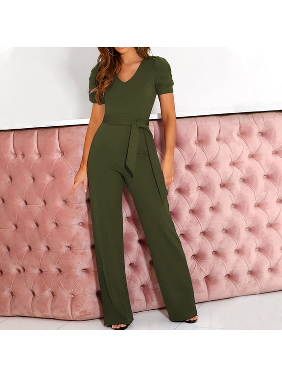 Clearance!lulshou Jumpsuit Pants for Women Women Strappy Waist Up Short Sleeved Jumpsuit With V-Neck Wide Leg Pants