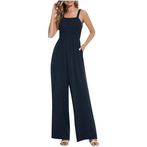 Clearance!lulshou Jumpsuit Pants for Women Women Summer Casual Gathered Jumpsuit Neck Work Jumpsuit Sleeveless Wide Leg Pants