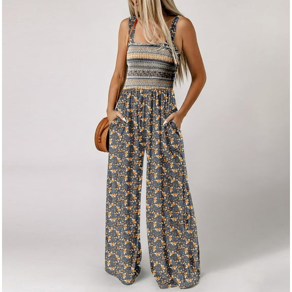 Clearance!lulshou Women Pants Womens Fashion Elastic Waist Loose Printing Sleeveless Pockets Wide Leg Long Pant Jumpsuit