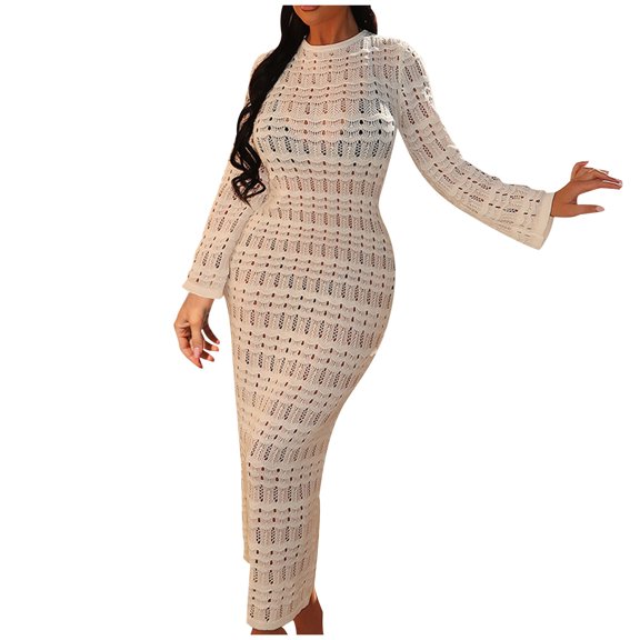 Miqool Womens Crochet Beach Cover Ups Long Sleeve Backless Knit Swimsuit Coverup Beach Maxi Dress Bathing Suit Cover Up