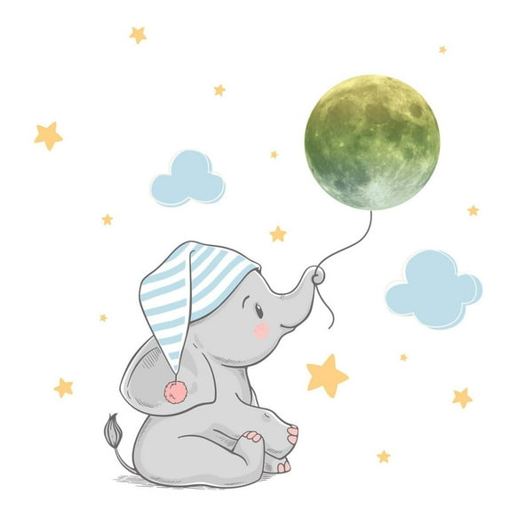 (Clearance) pdqouc Adorable Elephant with Night Cap Wall Stickers, Luminous Moon Wall Decals, Cloud & Star Cartoon Wall Decor, Removable DIY Art Wall Mural for Kids Bedroom, Nursery, Home Decoration