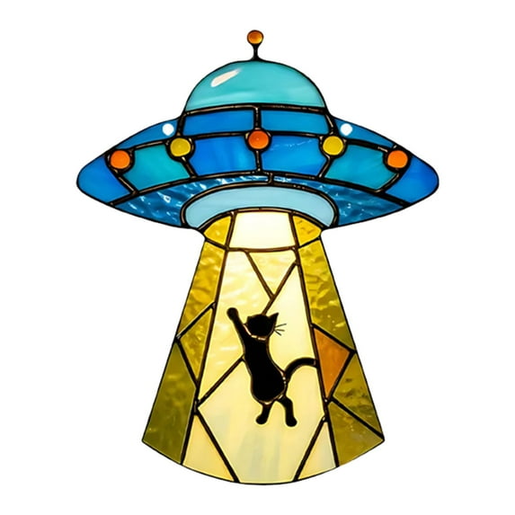 (Clearance) pdqouc Blue Spaceship with Cat Suncatcher Ornaments Colorful 2D Acrylic Disk Pendant with Chain Window And Porch Decor Creative Birthday Wedding Decorations Gifts for Women Cats Lover