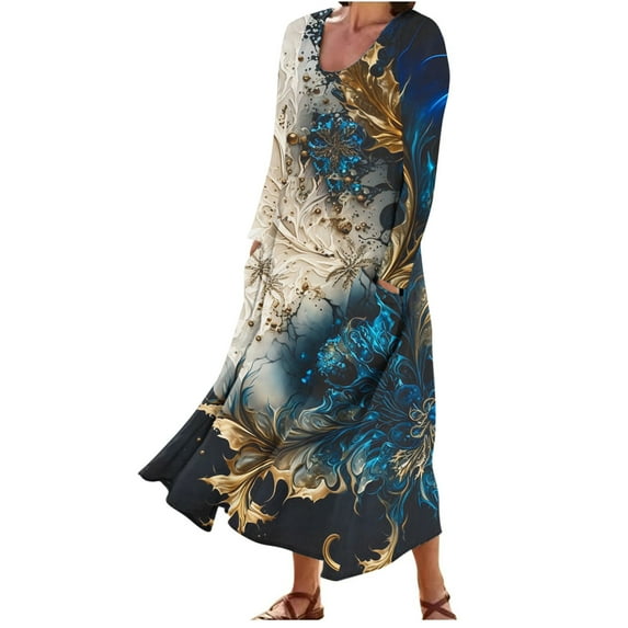 Clearance!pstuiky Dresses for Women, Women Cotton and Linen Dress Long Sleeve Crew Neck Dress Printed Dress and Ankle Dress Casual Holiday Dress with Pockets Leisure Black XL