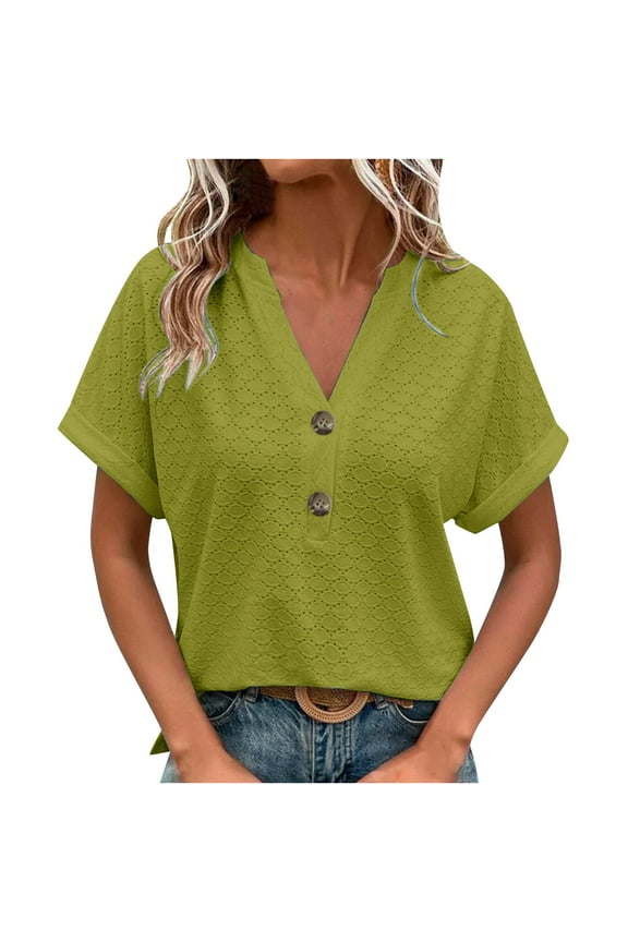 Womens Lace Eyelet Button Summer Solid Color Tops Casual V Neck Short Sleeves Batwing Fashion Tunic T-shirt Plus Size Oversize Top Versatile Blouse Pullover