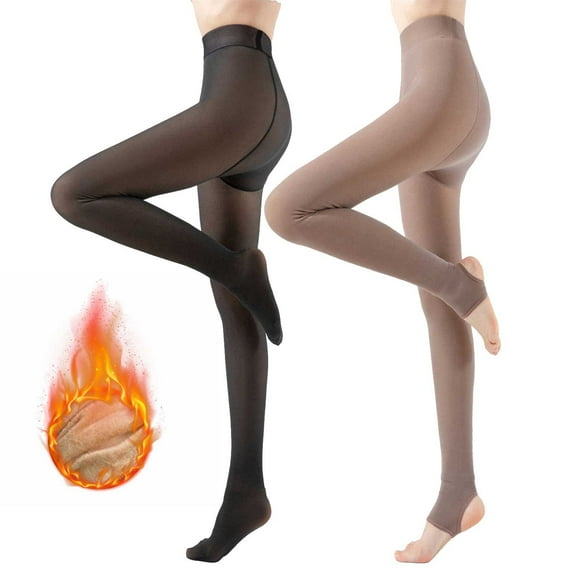qolati 2 Pairs Fleece Lined Tights Women Fake Translucent Leggings High Waist Pantyhose Sheer Thick Warm Tights For Women